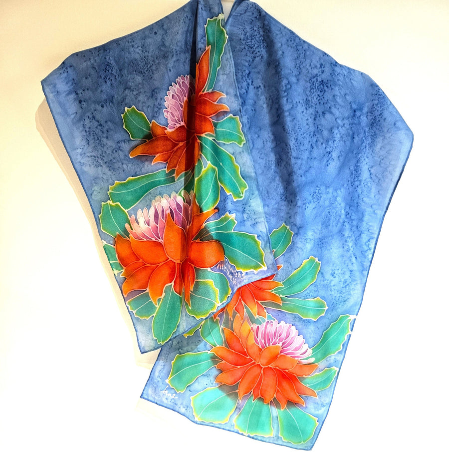 "Waratahs" hand painted long silk scarf by Jane Hinde